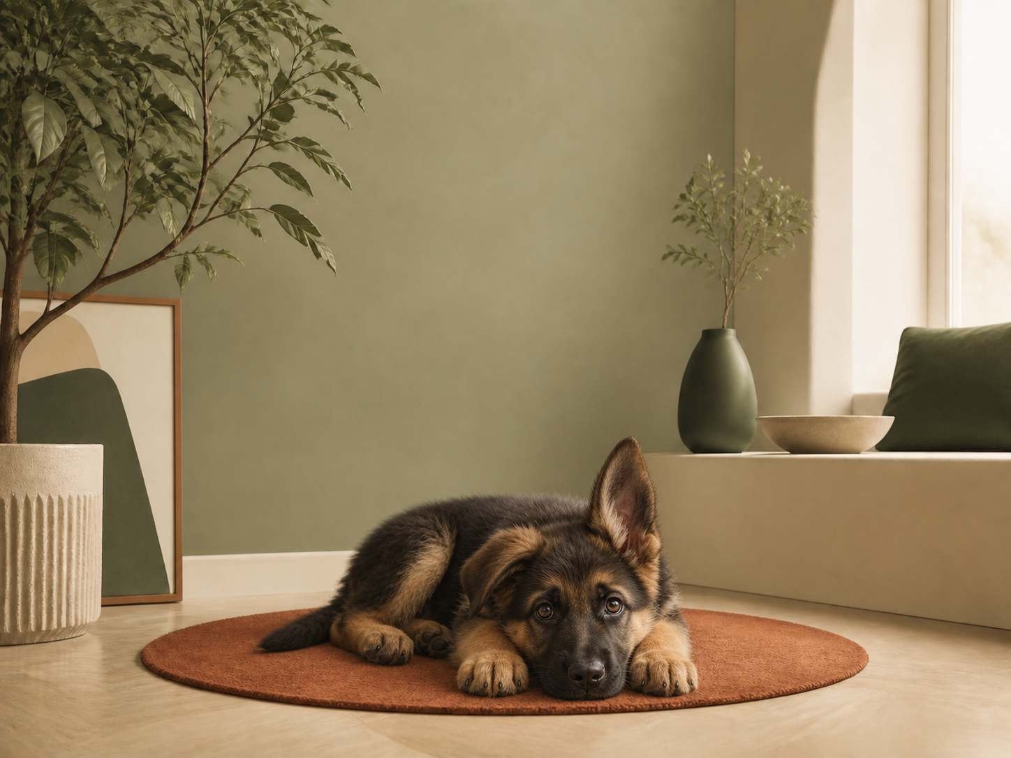 A German Shepherd puppy resting calmly on a rug